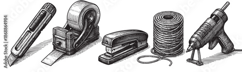 A black and white woodcut style illustration of various craft and office tools including a craft knife, tape dispenser, stapler, spool of twine, and hot glue gun arranged on a white background.