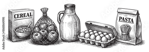 A black and white illustration of staple grocery items including cereal, apples, milk, eggs, and pasta, depicted in a vintage, hand-drawn style.