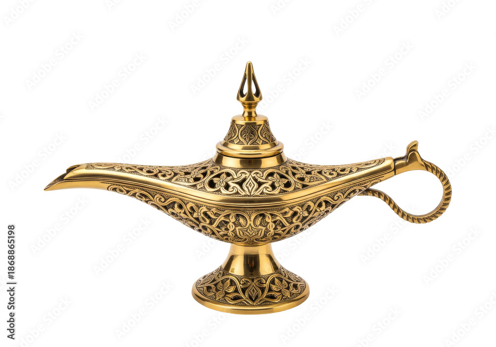 Fototapeta premium golden ornate genie lamp with arabesque patterns, decorative antique lamp