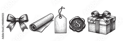 A black and white engraving style illustration displays a collection of vintage gift wrapping items including a bow, rolled paper, a tag, and a wax seal.