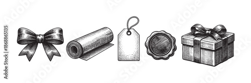 A set of vintage gift elements including a bow, rolled paper, tag, seal, and gift box in a detailed engraving style on a white background.