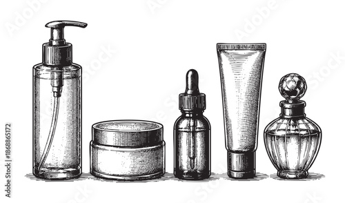 A vintage line art illustration showcasing a collection of various cosmetic containers including a pump bottle, jar, dropper, tube, and perfume bottle against a white background.