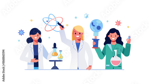 Three diverse female scientists actively engaging in laboratory research and experimentation, holding various scientific tools, symbolizing innovation and discovery in STEM fields