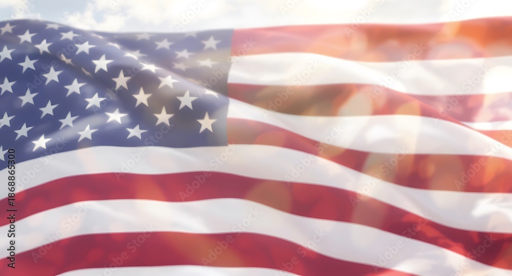Fototapeta premium Waving American Flag with Sunlight and Lens Flare.