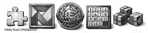 A collection of classic puzzles including a jigsaw piece, tangram, spherical puzzle, sliding puzzle, and cube puzzles, rendered in a detailed black and white line art style.