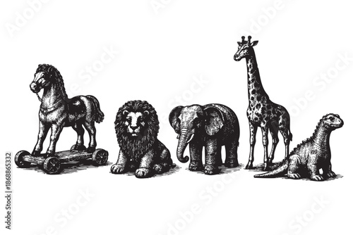 A collection of vintage toy animal illustrations including a rocking horse, lion, elephant, giraffe, and dinosaur, presented in a detailed black and white engraving style on a clean white background.