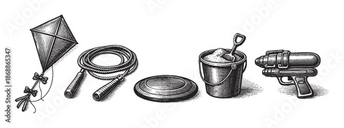 A collection of classic vintage toys including a kite, jump rope, sand bucket, and water gun, rendered in a detailed black and white etching style on a white background.