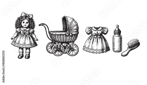 A charming ink illustration showcases a vintage baby doll, pram, dress, bottle, and brush, evoking nostalgia and classic childhood themes.