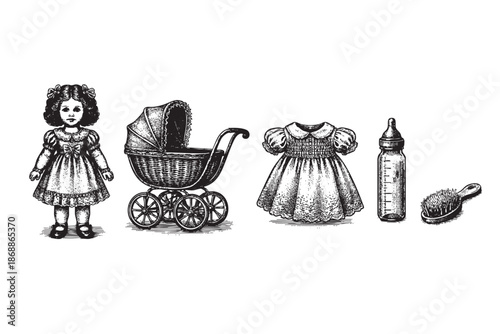 A whimsical collection of vintage baby items rendered in a scratchboard art style, including a doll, pram, dress, bottle, and brush, perfect for nostalgic themes.