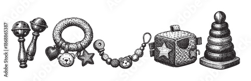 An artistic hand-drawn engraving showcases a collection of classic baby toys including rattles, a stacking ring, a plush cube, and a bead toy against a white background.