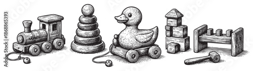 A detailed black and white illustration of various vintage wooden toys, including a train, stacking rings, a pull-along duck, blocks, and a hammer and bench, evoking nostalgia and childhood play.