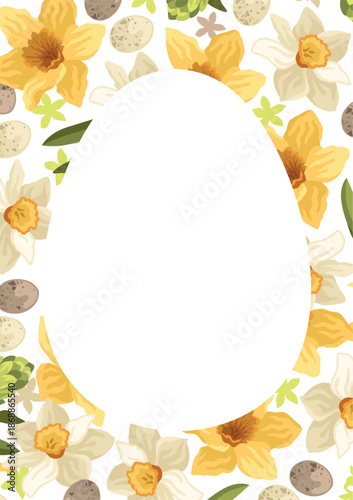 Hand-drawn Easter card template with Easter egg shape and floral frame made of daffodil blooming flowers and bird eggs