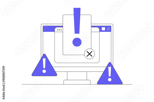 Online Fraud Warning. Data Warning Message Exclamation Mark Danger Warning Cyber Risk Fraud on Digital Internet Computer PC, Unsecured Network Virus Attack. Flat Cartoon Vector Illustration, icon web