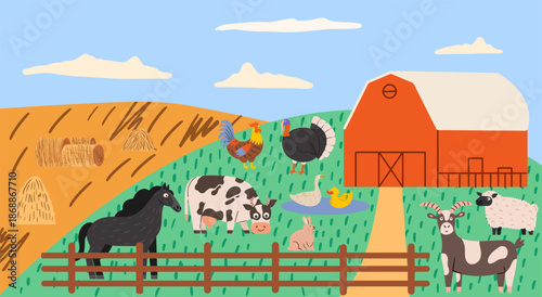 Farm cartoon landscape with various animals. Vector hand drawn llustration with barn and domestic birds. Livestock cow and sheep. 