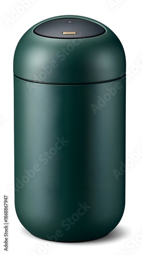 A matte dark green cylindrical coffee mug with a black lid and gold accent sits against a bright white background in a studio setting.