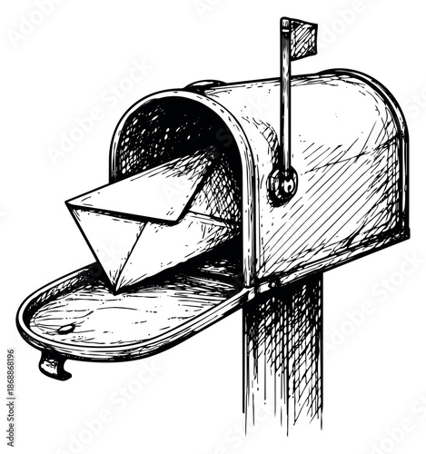 Hand drawn line art illustration of a mailbox depicting an envelope for mail and communication