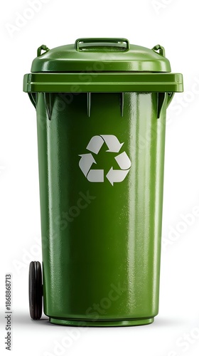 A green plastic recycling bin with a recycling symbol on it stands upright against a plain white background in a studio shot with shadows.