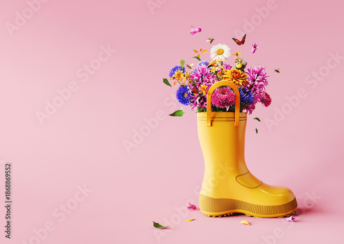 Yellow rubber boot full of colorful spring flowers with butterflies and bees on pink background with copy space. Spring is here concept banner. 3D Rendering, 3D Illustration