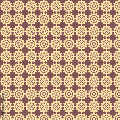 Seamless Industrial Pattern of Pale Yellow Cogwheels on Deep Burgundy Background