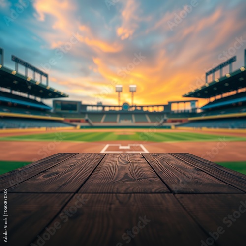 Empty wooden table against a blurred baseball field backdrop showcasing a minimalist stage at dusk perfect for digital art home decor or design inspiration baseball field stadium game baseball field c