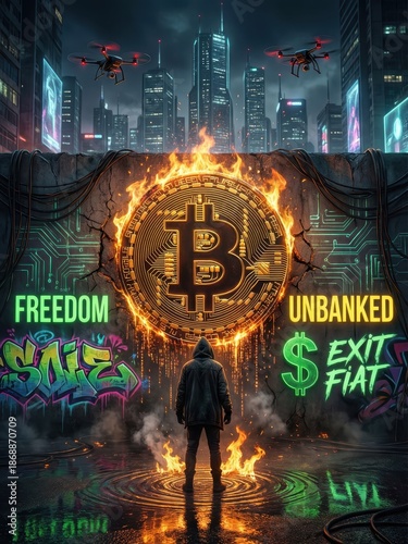 Rebellion Against Fiat, Urban Crypto Revolution in Neon Flames
