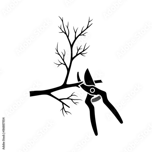 Black silhouette icon of pruning shears cutting dry cherry branch for cherry tree pruning instructions and gardening visuals