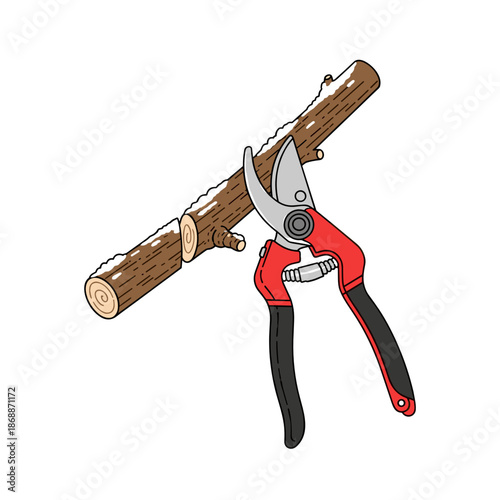 Pruning shears cutting cherry branch icon in red and grey for cherry tree pruning tool visuals and gardening instruction