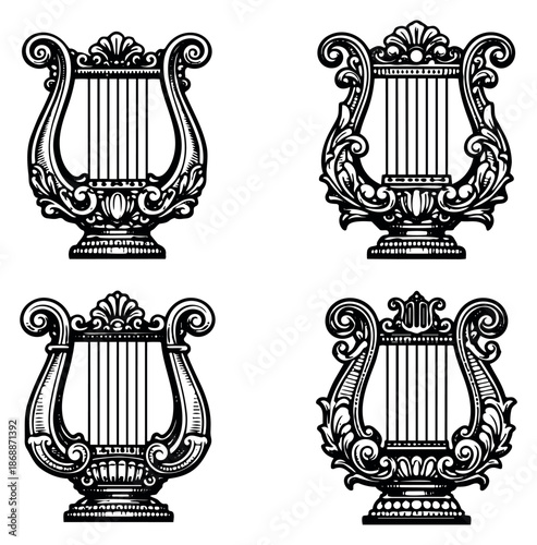 Vintage hand drawn musical instrument set featuring four ornate lyre illustrations for classic and elegant designs