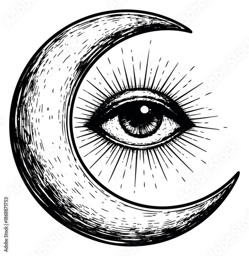 Hand drawn illustration of an all-seeing eye on a crescent moon depicting spiritual symbolism for mystical themes