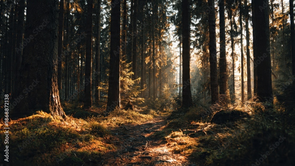 Fototapeta premium Sunlit path through a dense forest.