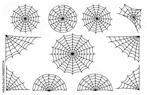 Hand drawn line art spiderweb set featuring various shapes and designs for halloween decoration