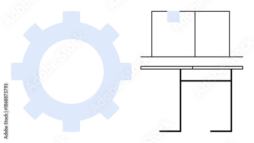 Technology, workspace setup, productivity, engineering, innovation, office design. Gear icon and desk illustration with a modern setup. Technology and workspace setup concept