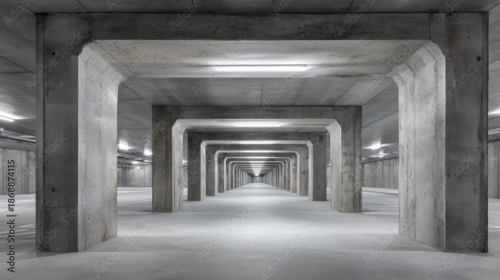 Obraz premium Concrete underground tunnel with symmetrical pillars and soft lighting.