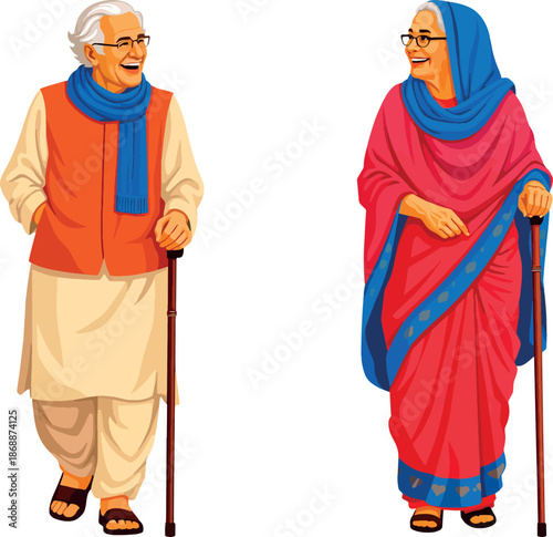 Happy Senior Indian Couple Set: Elderly Man and Woman in Traditional Saree and Kurta for Retirement