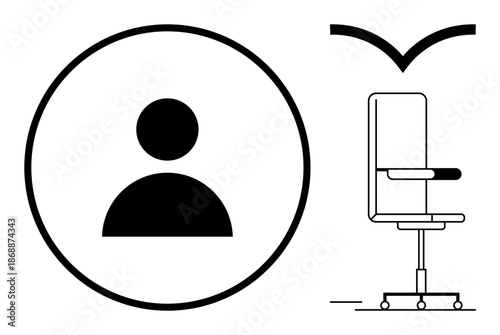 User profiles, workplace ergonomics, corporate identity, remote work, digital communication, personal workspace. Person icon in a circle and a modern office chair style. User profiles and workplace
