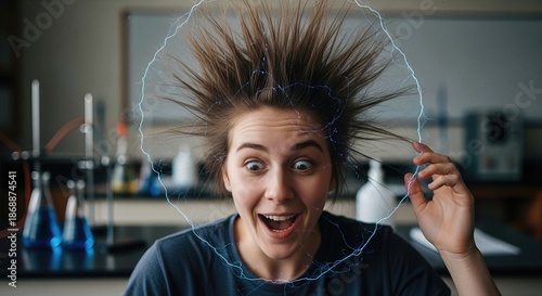 Wide eyed face reacts to powerful static charge, upright hair receives electrification, glowing blue energy surrounds head, amazed expression in science classroom, scientific experiment.