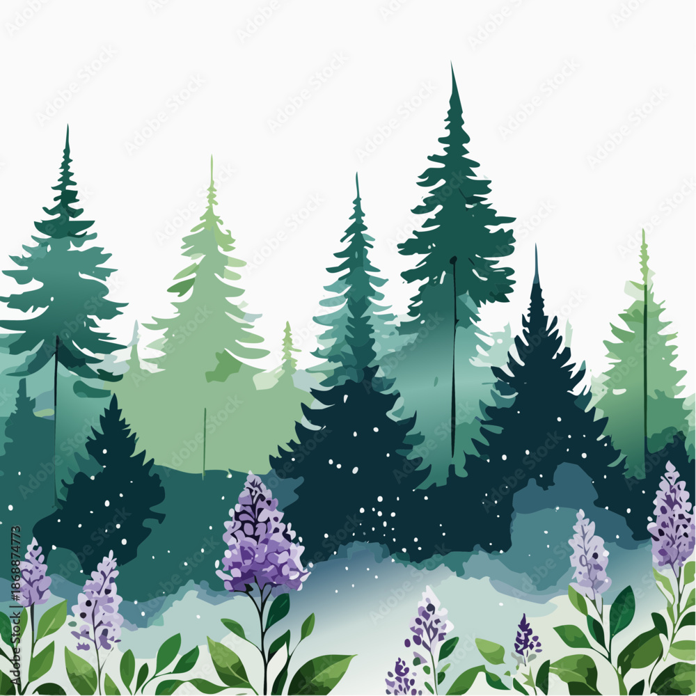 Obraz premium Forest botanical watercolor pattern, deep emerald washes + lilac blossoms for moody elegance beautiful seamless pattern
