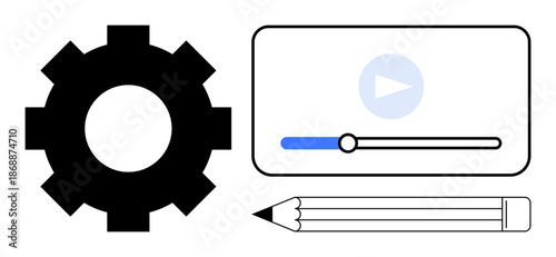 Content creation, media tools, education, graphic design, video editing, online learning. A gear, video player interface and pencil. Content creation and media tools concepts