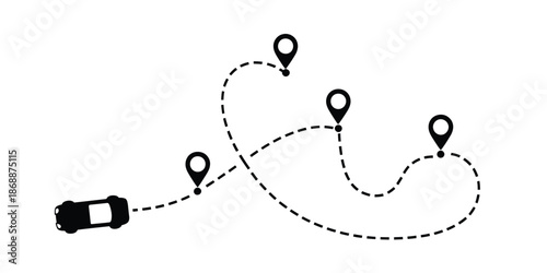 Car travel path icon, vector illustration of vehicle route with dotted line and map pin, ideal for travel apps, navigation, road trip planning, and digital mapping projects.