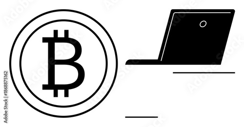 Cryptocurrency, fintech, blockchain, secure transactions, digital currency, online payment. Black Bitcoin symbol next to a laptop. Cryptocurrency and fintech concept