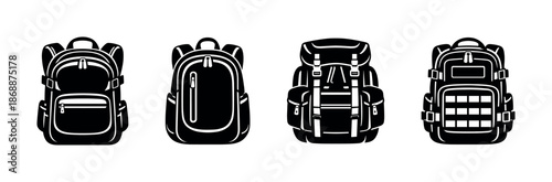 Backpack vector icons set: hiking, travel, outdoor gear symbols