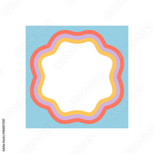 Groovy retro frame with wavy scallop border and colorful shape outline. Y2k style background forms a bold graphic look. Frame silhouette and playful border outline add a unique vintage accent to