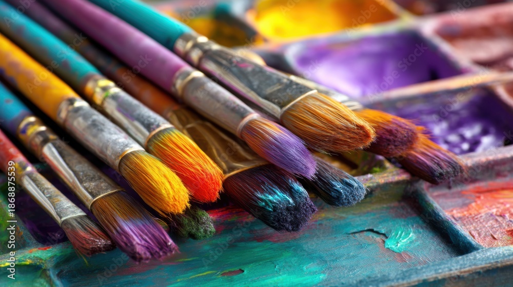 Fototapeta premium Colorful paintbrushes on palette with vibrant paints in artist's studio.
