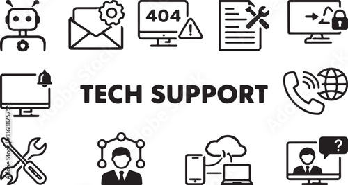 Tech Support Line Icons Set with Helpdesk, Cloud, Email, Error, Security and Customer Service Vector 