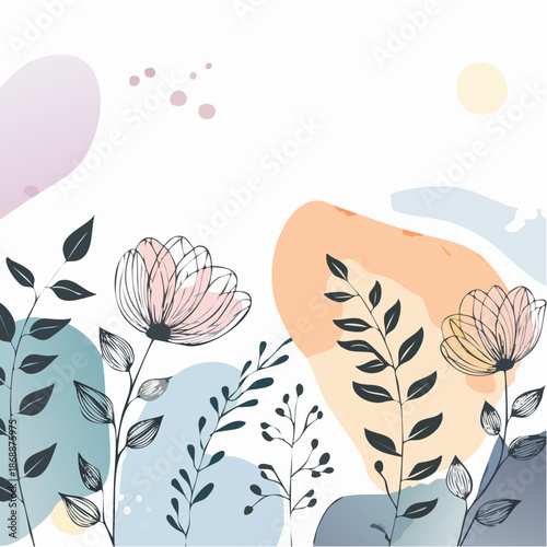 Minimalist watercolor florals with soft charcoal lines and muted pastel background seamless pattern