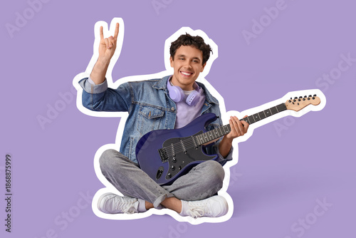 Young happy man with headph...