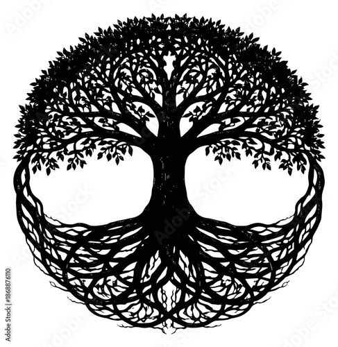 Hand drawn line art illustration of a tree of life depicting its interconnected structure in a circular form for nature symbolism