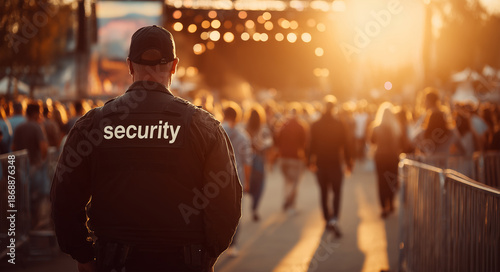 Security guard in black uniform watching over a crowd at an outdoor music festival during sunset, public safety and event management for concert security and crowd control