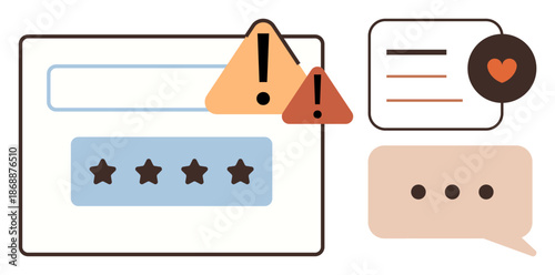 Online reviews, customer feedback, alerts, user interface design, website support, communication. Star rating, speech and warning icons. Customer feedback and alerts concept