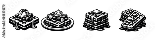 Delicious breakfast vector icons set. waffles, pancakes, and syrup
